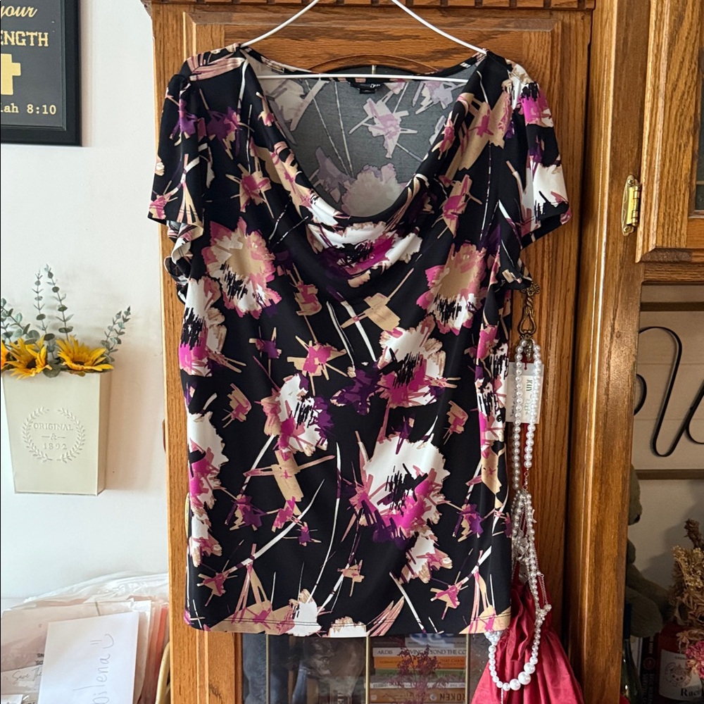 East 5th Black and Pink Floral Cowl Neck Blouse